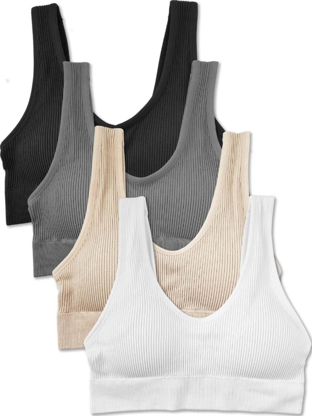 4 Pack Ribbed Bralette Crop Tops - Comfortable Sports Bras for Everyday Wear